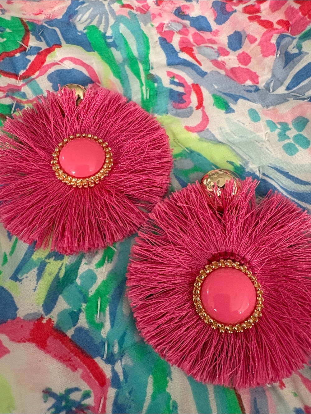Lilly Pulitzer Hot Pink Tassel Disc Earrings with Gold Accents